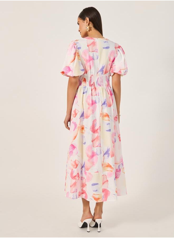 Floral Print Balloon Sleeves A-Line Maxi Dress
