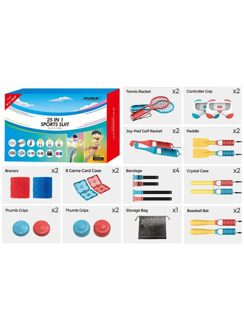Sports Accessories Bundle - 25 in 1 Family Accessories Kit for Nintendo Switch OLED Sports Game, Tennis Racket, Baseball Bat, Bracers, Paddle, Thumb Crips