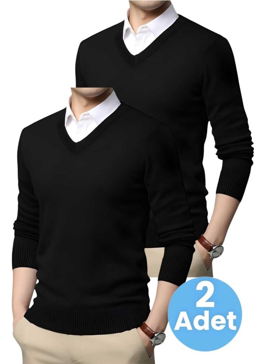 2-Pack Men's V Neck Long Sleeve Knitwear Non-Pilling Sweater Men's Slim Fit Sweater