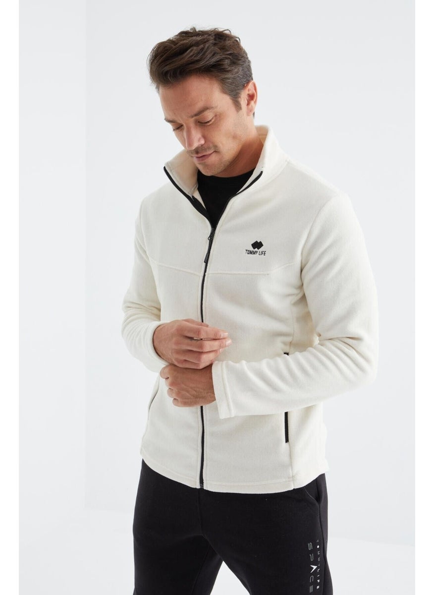 Ecru Zippered Stand Collar Standard Pattern Men's Sweatshirt Polar - 88134