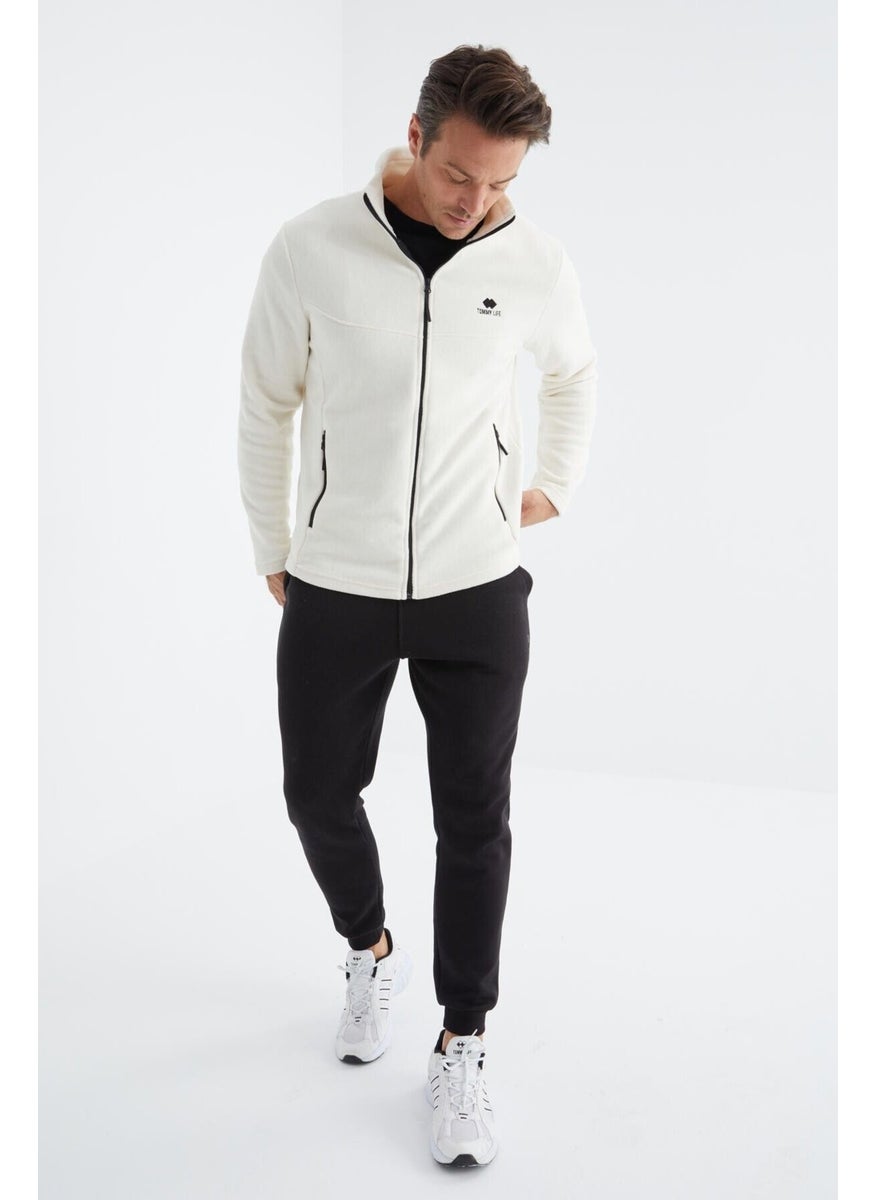 Ecru Zippered Stand Collar Standard Pattern Men's Sweatshirt Polar - 88134