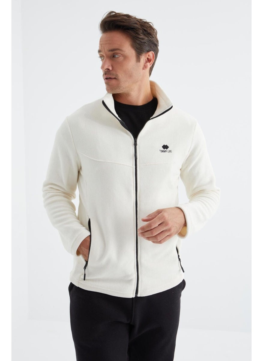 Ecru Zippered Stand Collar Standard Pattern Men's Sweatshirt Polar - 88134