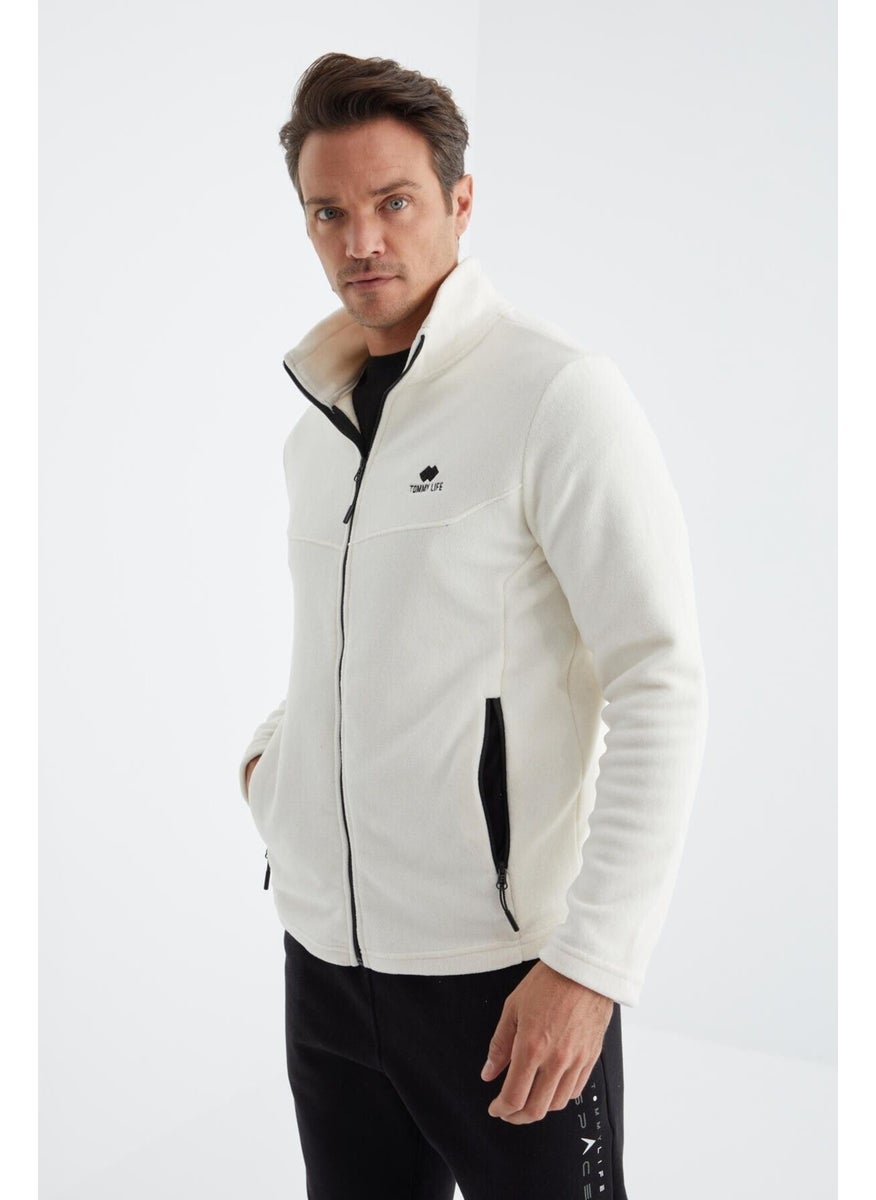 Ecru Zippered Stand Collar Standard Pattern Men's Sweatshirt Polar - 88134