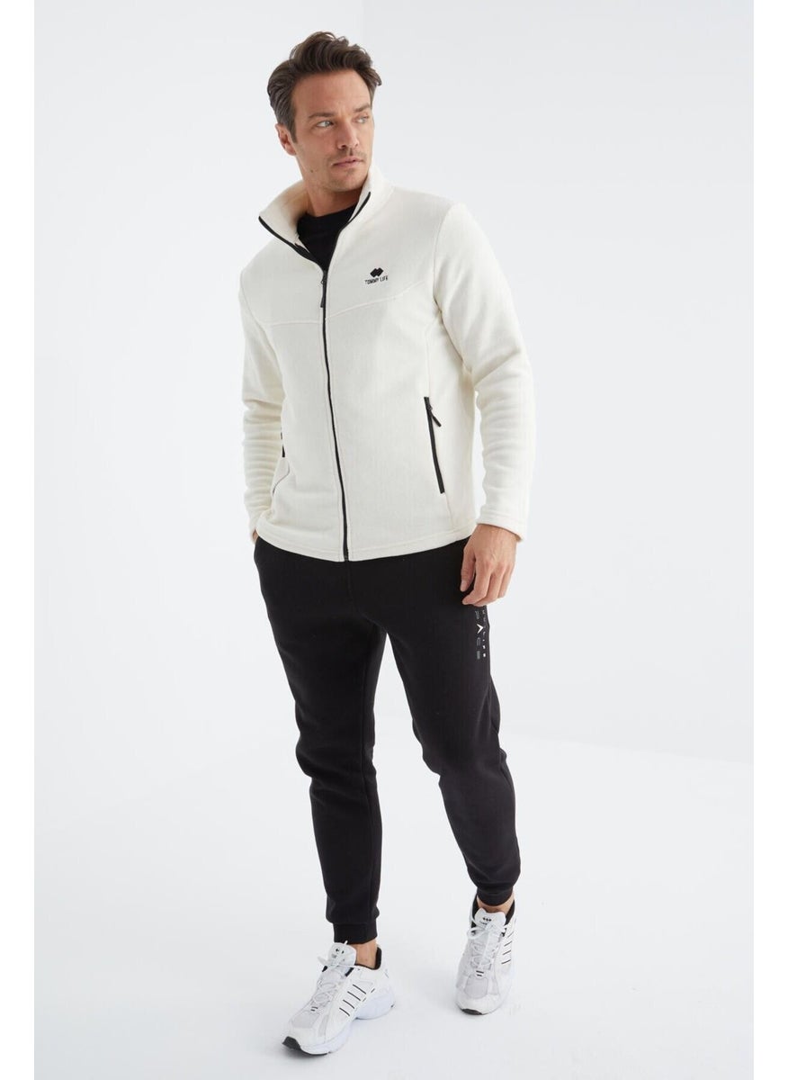 Ecru Zippered Stand Collar Standard Pattern Men's Sweatshirt Polar - 88134