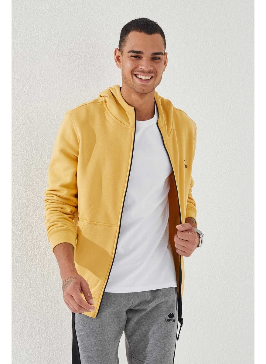 Mustard Men's Zippered Standard Pattern Hooded Sweatshirt-87877
