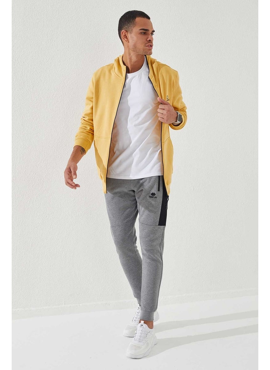 Mustard Men's Zippered Standard Pattern Hooded Sweatshirt-87877