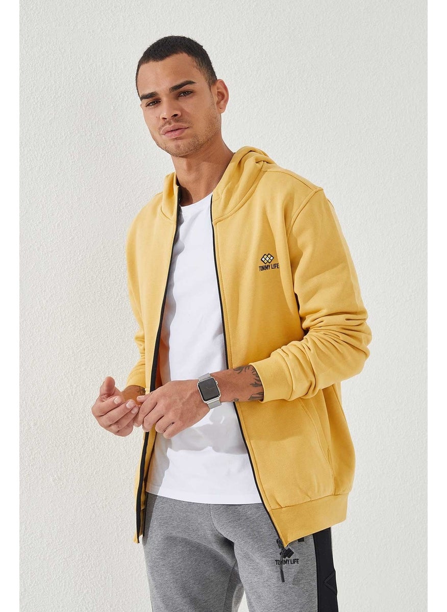Mustard Men's Zippered Standard Pattern Hooded Sweatshirt-87877