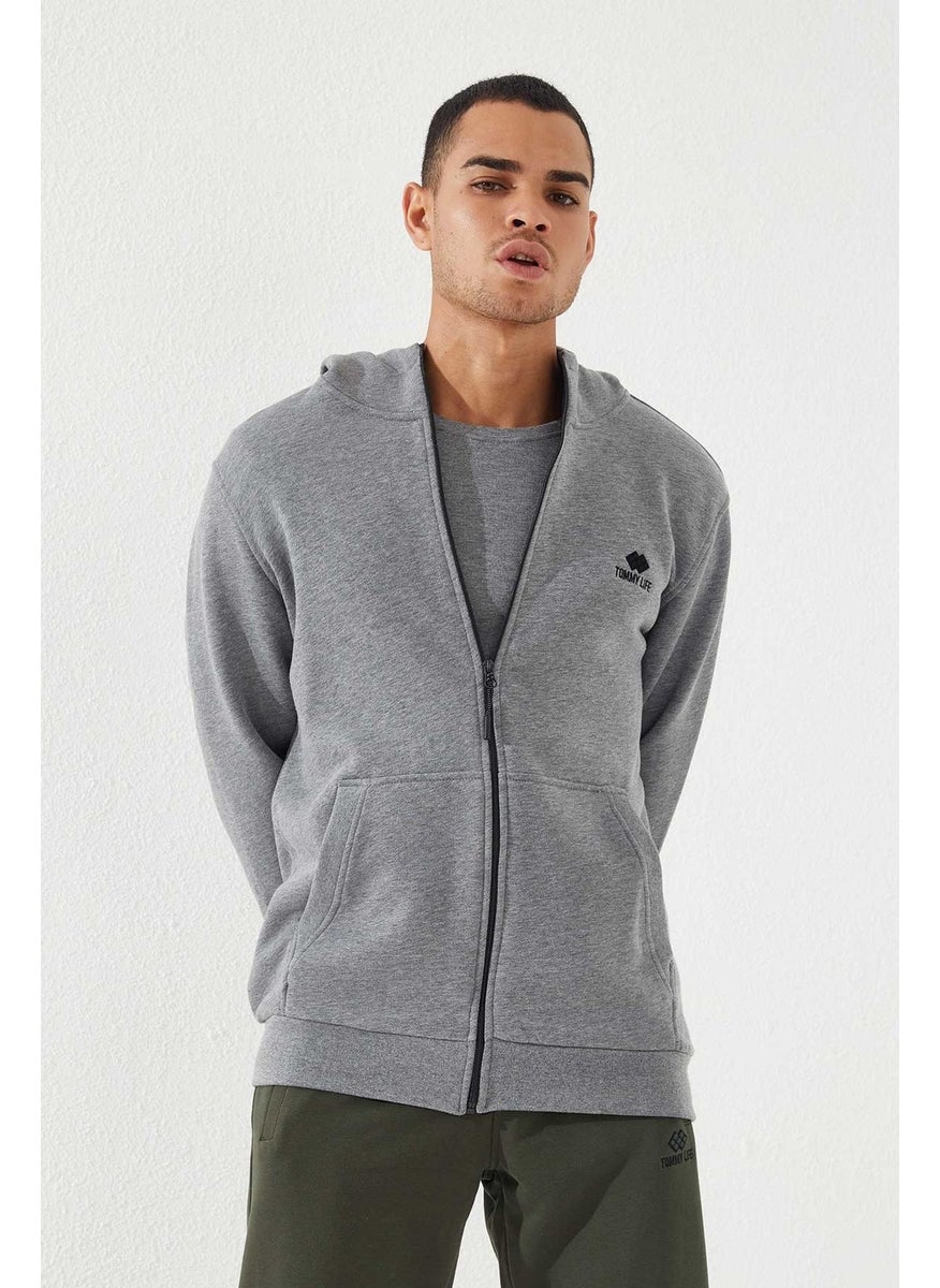Gray Melange Men's Zippered Standard Pattern Hooded Sweatshirt-87877