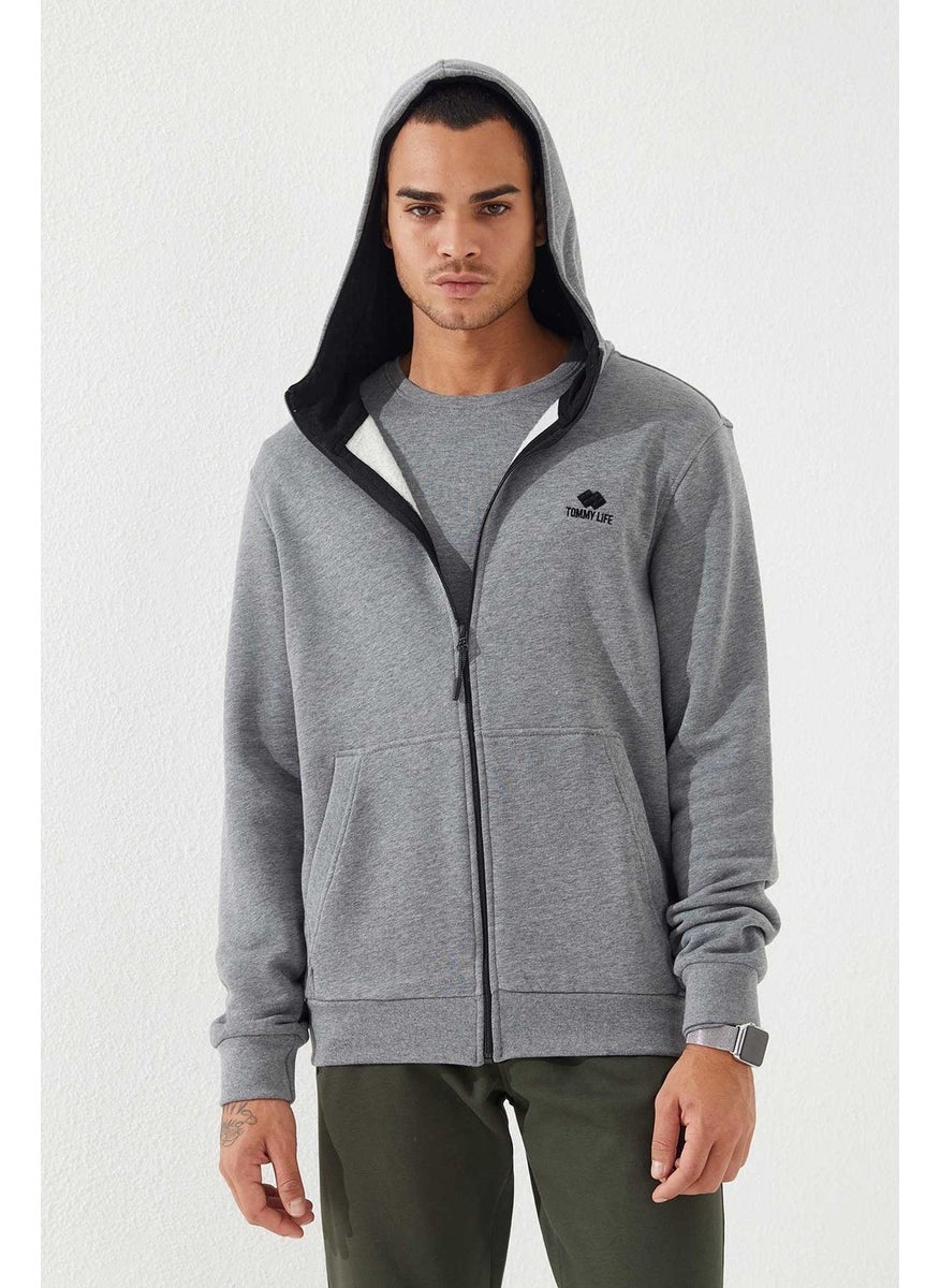 Gray Melange Men's Zippered Standard Pattern Hooded Sweatshirt-87877