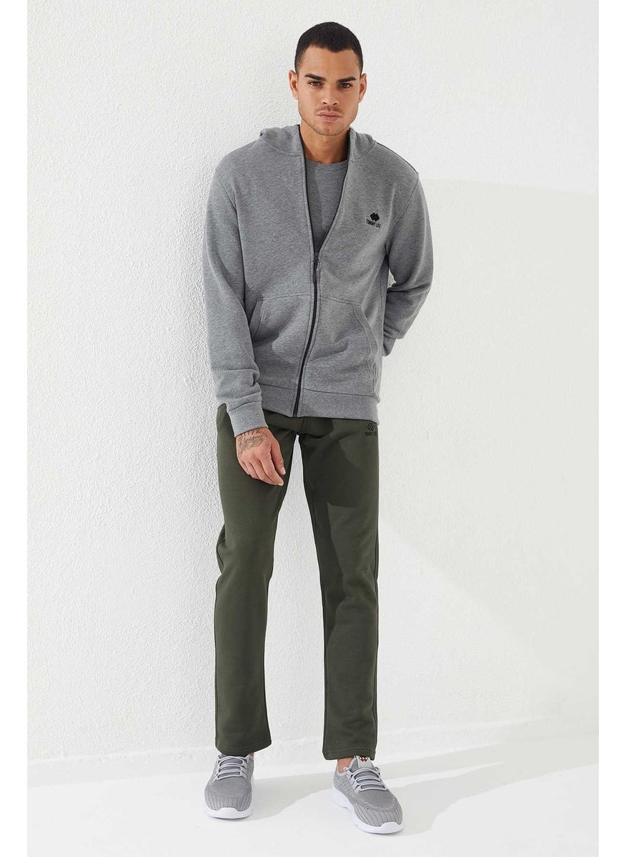 Gray Melange Men's Zippered Standard Pattern Hooded Sweatshirt-87877