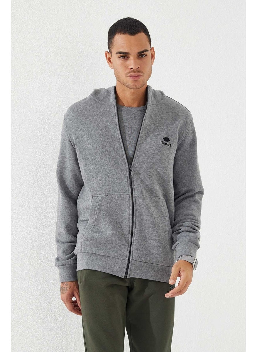 Gray Melange Men's Zippered Standard Pattern Hooded Sweatshirt-87877