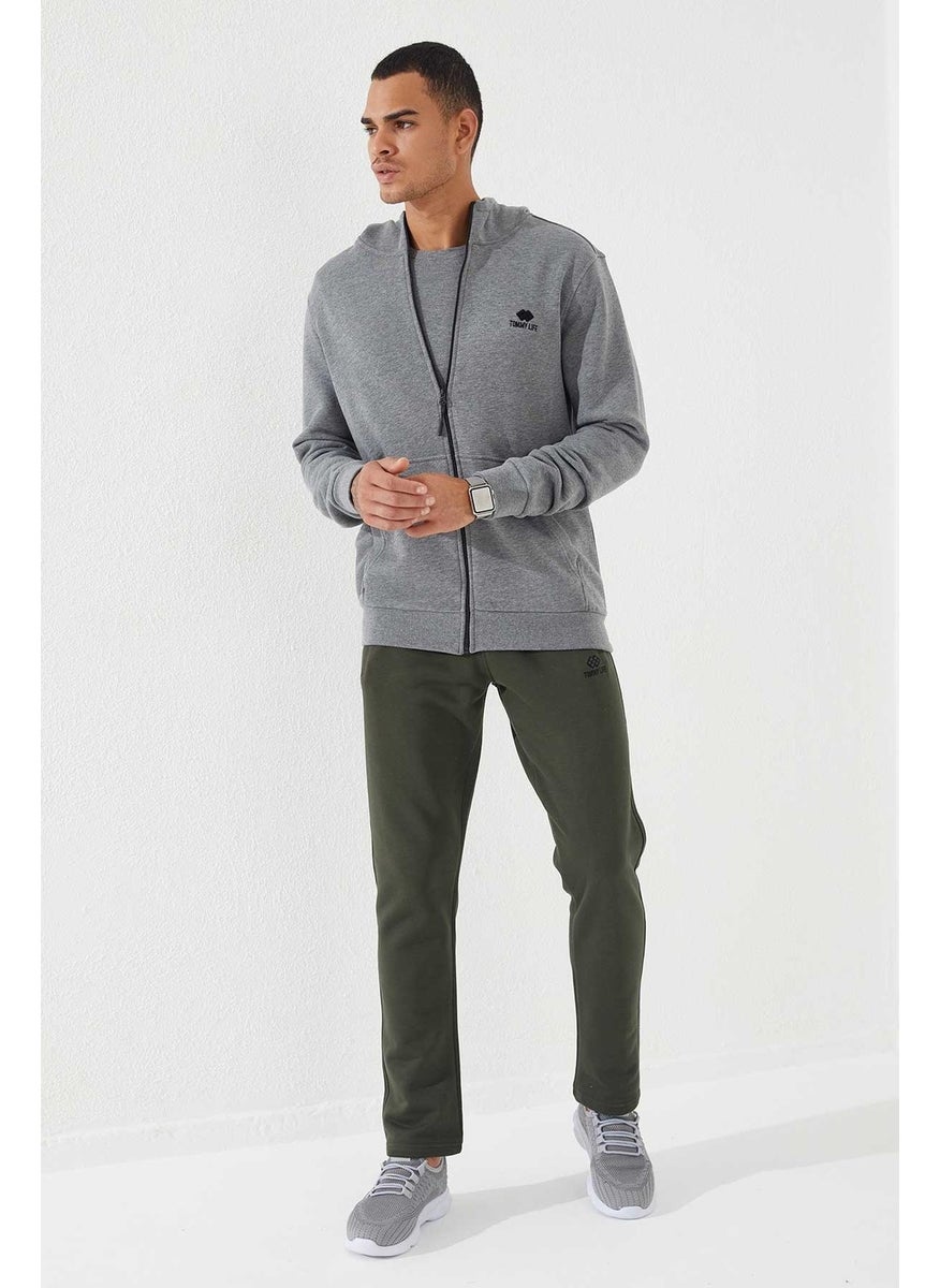 Gray Melange Men's Zippered Standard Pattern Hooded Sweatshirt-87877