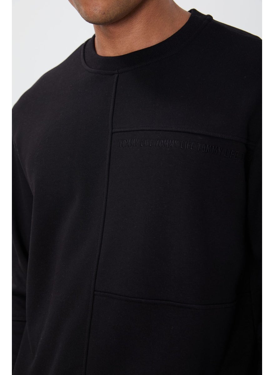 Black Compact Cotton Thick Smooth Textured O Neck Standard Fit Men's Sweatshirt -88405