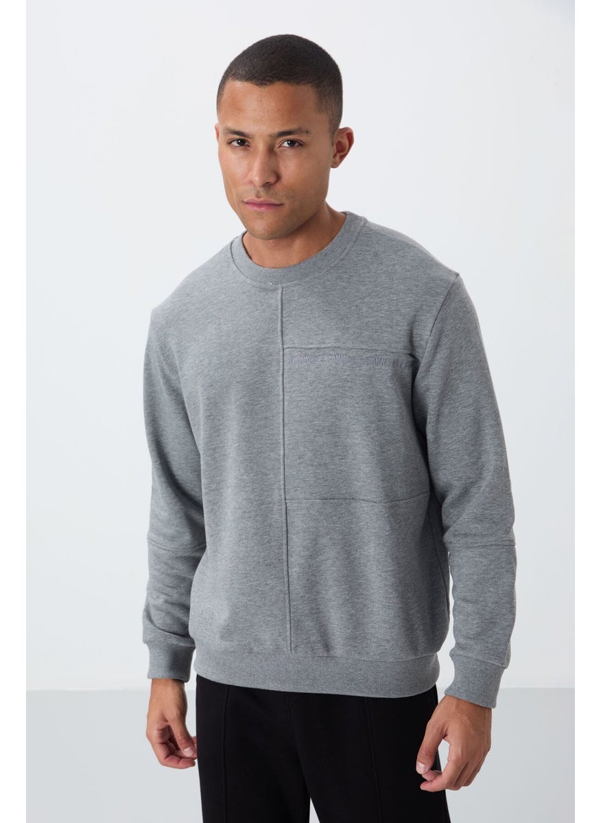 Gray Melange Compact Cotton Thick Smooth Textured O Neck Standard Fit Men's Sweatshirt -88405