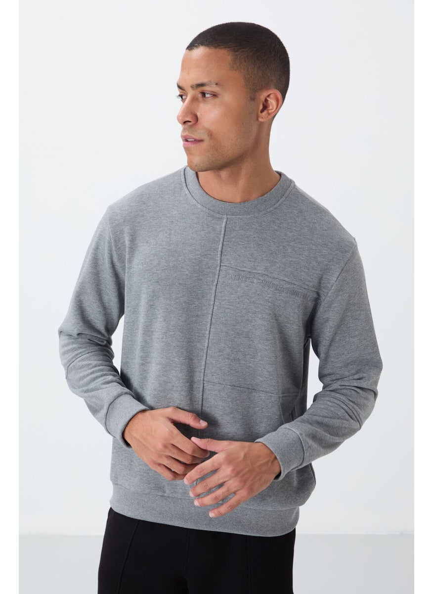 Gray Melange Compact Cotton Thick Smooth Textured O Neck Standard Fit Men's Sweatshirt -88405