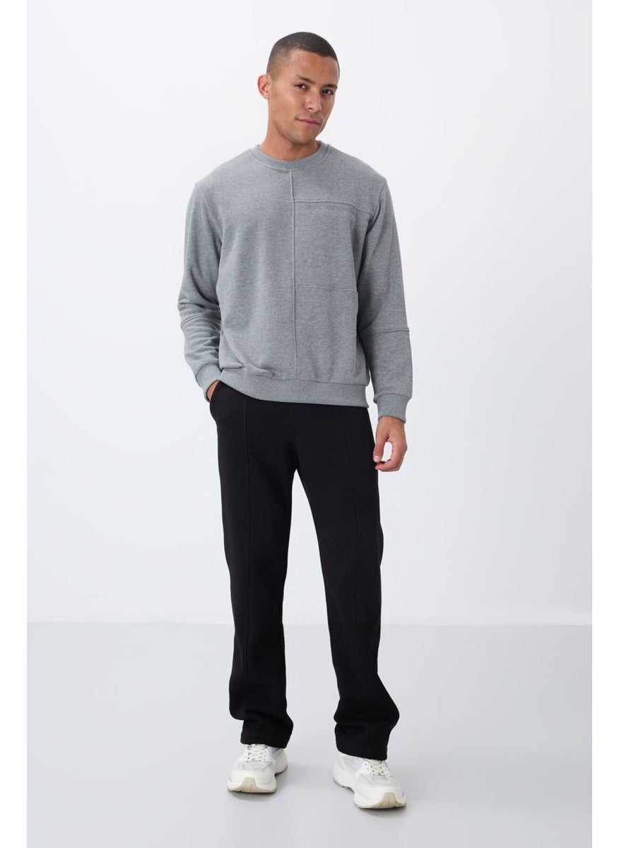 Gray Melange Compact Cotton Thick Smooth Textured O Neck Standard Fit Men's Sweatshirt -88405