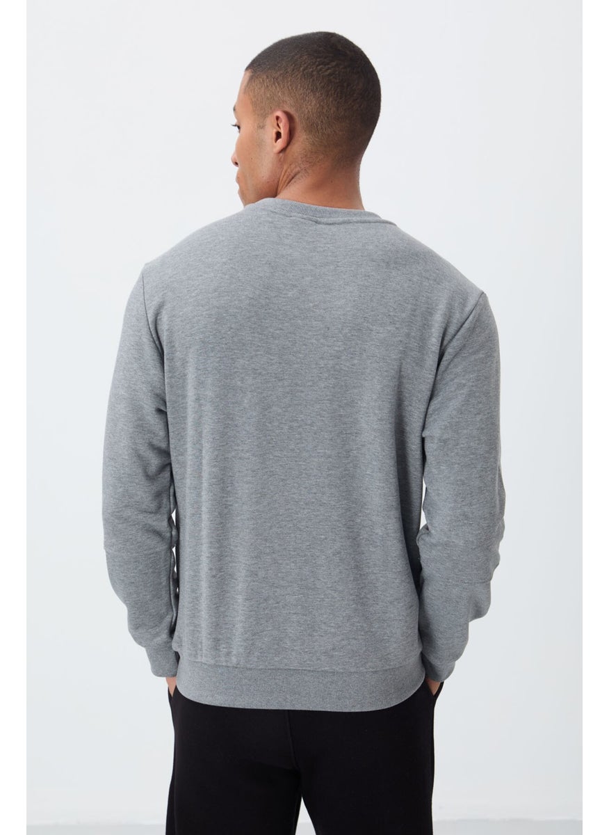 Gray Melange Compact Cotton Thick Smooth Textured O Neck Standard Fit Men's Sweatshirt -88405