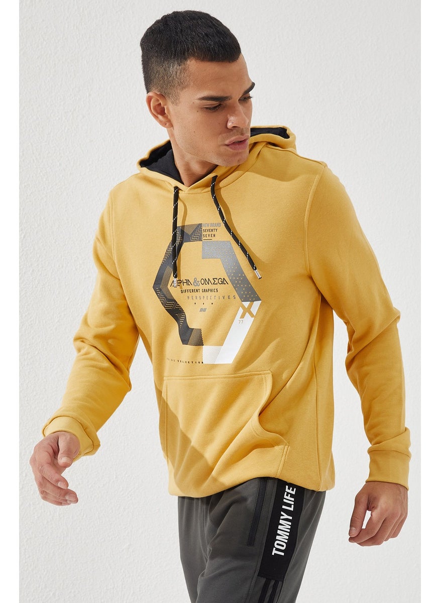Mustard Men's Geometric Printed Standard Fit Hooded Sweat-87870