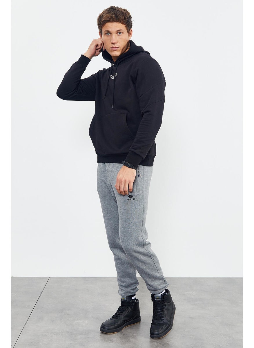 Black Men's Skull Back Printed Hooded Comfortable Form Sweatshirt - 88008