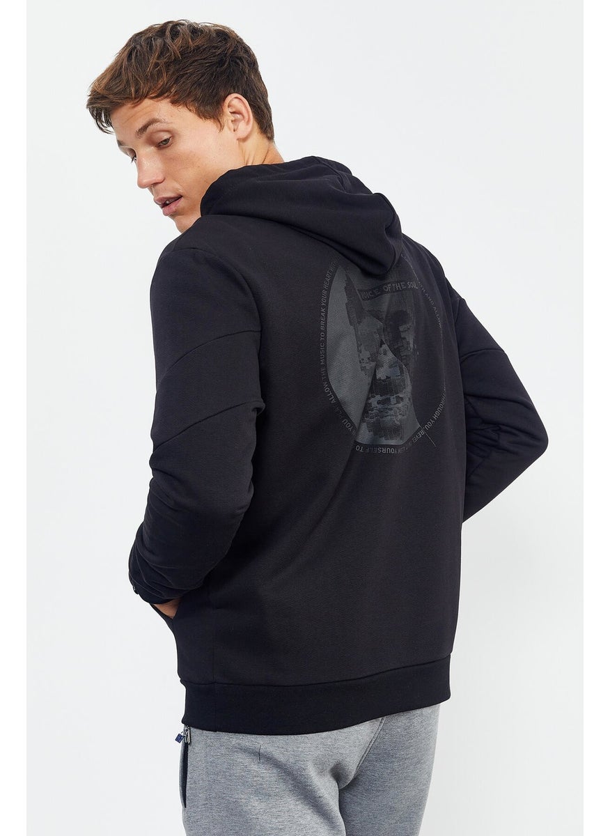 Black Men's Skull Back Printed Hooded Comfortable Form Sweatshirt - 88008