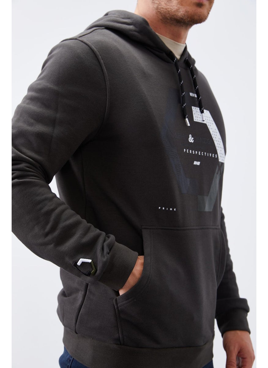 Khaki Men's Geometric Printed Standard Pattern Hooded SWEATSHIRT-87870