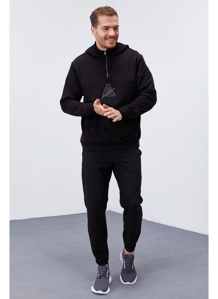 Tommylife Black Men's Embroidered Detailed Half Zipper Hooded Sweatshirt - 88033