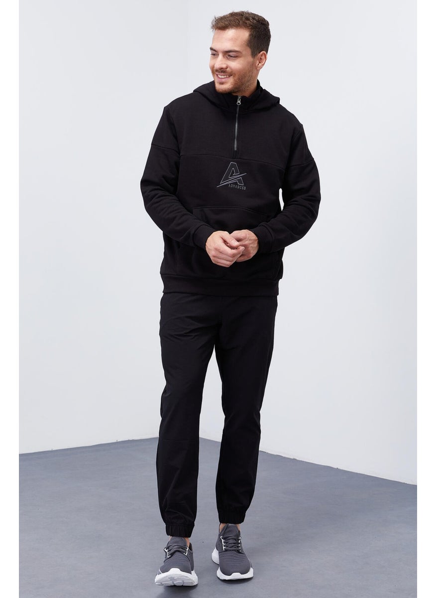 Tommylife Black Men's Embroidered Detailed Half Zipper Hooded Sweatshirt - 88033
