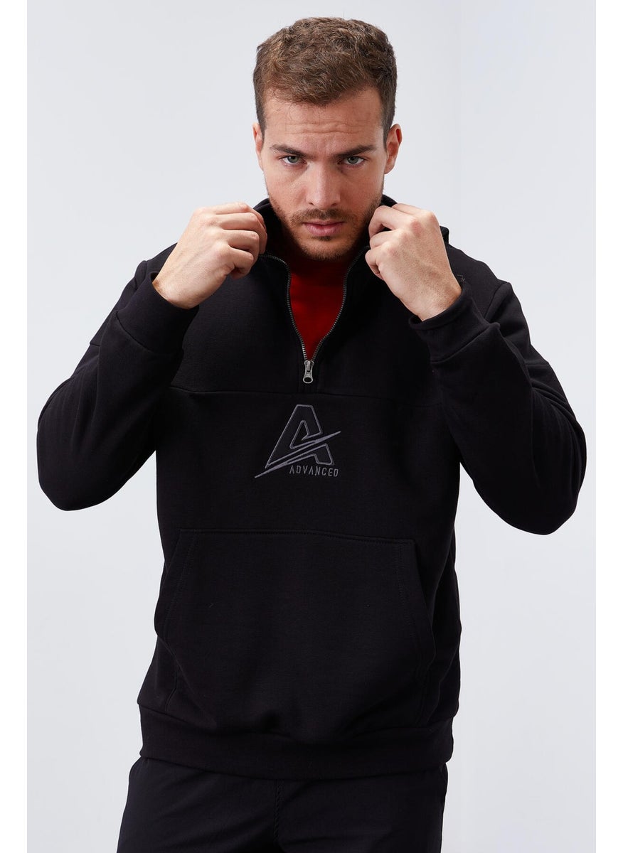 Tommylife Black Men's Embroidered Detailed Half Zipper Hooded Sweatshirt - 88033