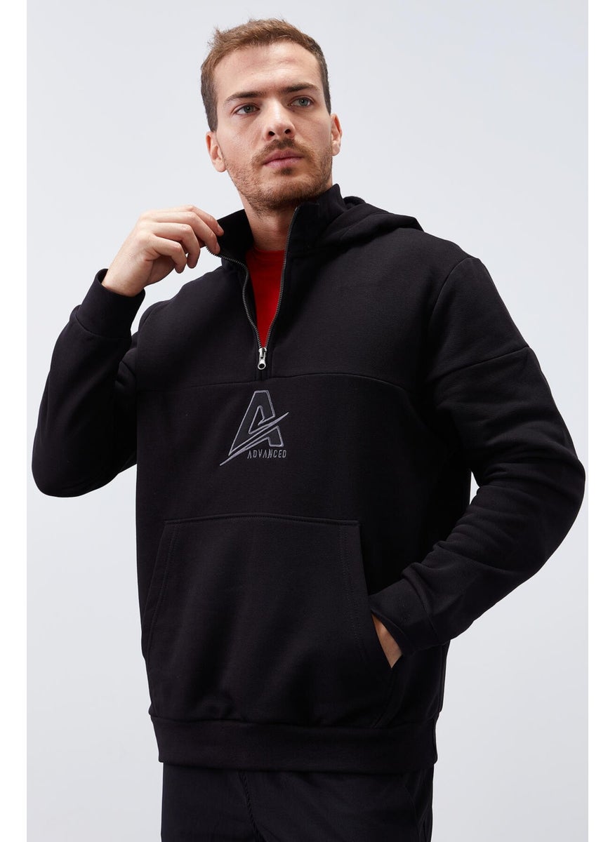 Tommylife Black Men's Embroidered Detailed Half Zipper Hooded Sweatshirt - 88033