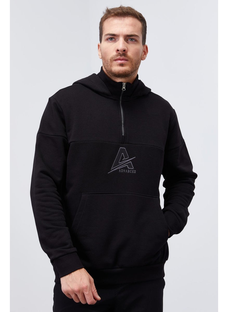 Tommylife Black Men's Embroidered Detailed Half Zipper Hooded Sweatshirt - 88033