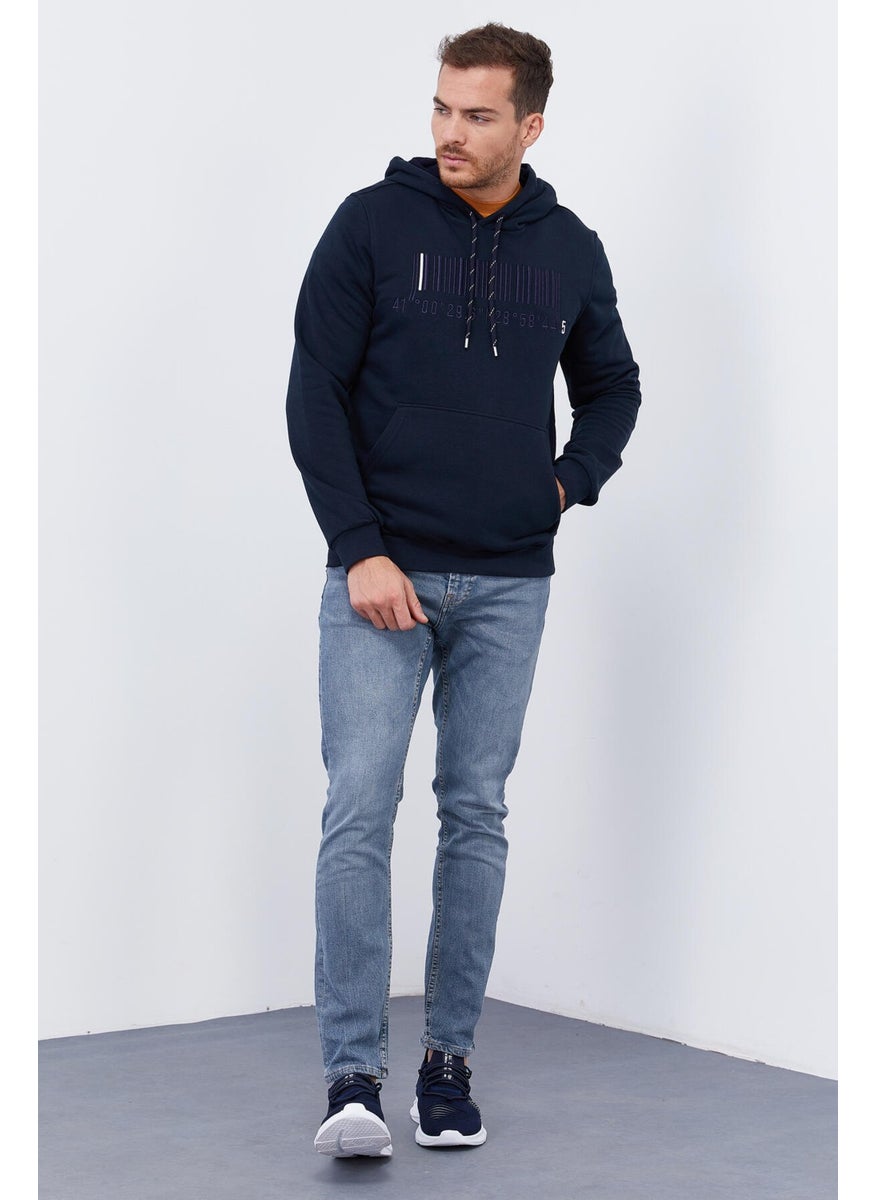 Navy Blue Men's Embroidered Kangaroo Pocket Standard Size Hooded Sweatshirt-87839