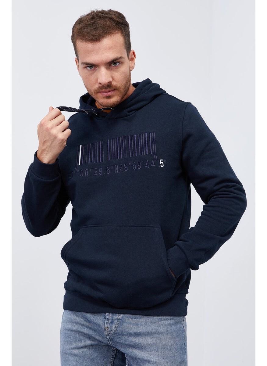 Navy Blue Men's Embroidered Kangaroo Pocket Standard Size Hooded Sweatshirt-87839