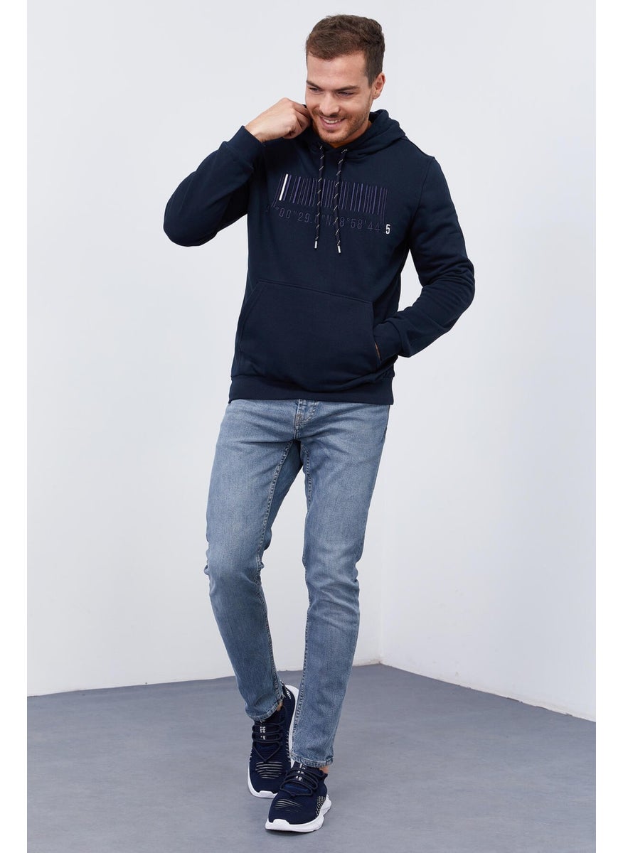 Navy Blue Men's Embroidered Kangaroo Pocket Standard Size Hooded Sweatshirt-87839