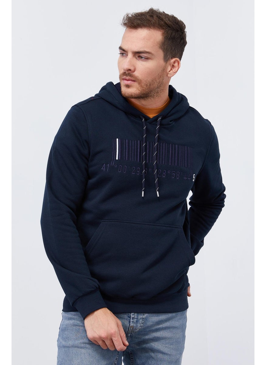 Navy Blue Men's Embroidered Kangaroo Pocket Standard Size Hooded Sweatshirt-87839