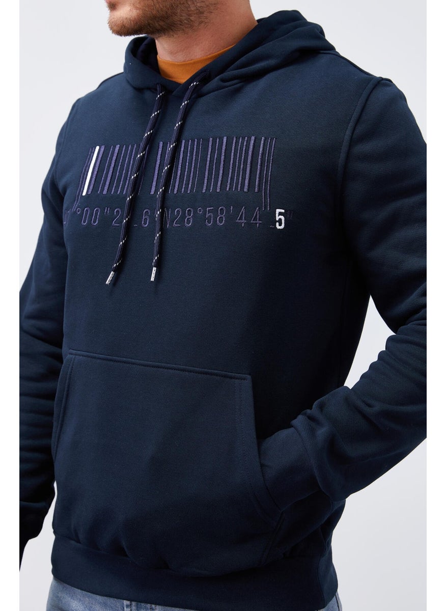 Navy Blue Men's Embroidered Kangaroo Pocket Standard Size Hooded Sweatshirt-87839