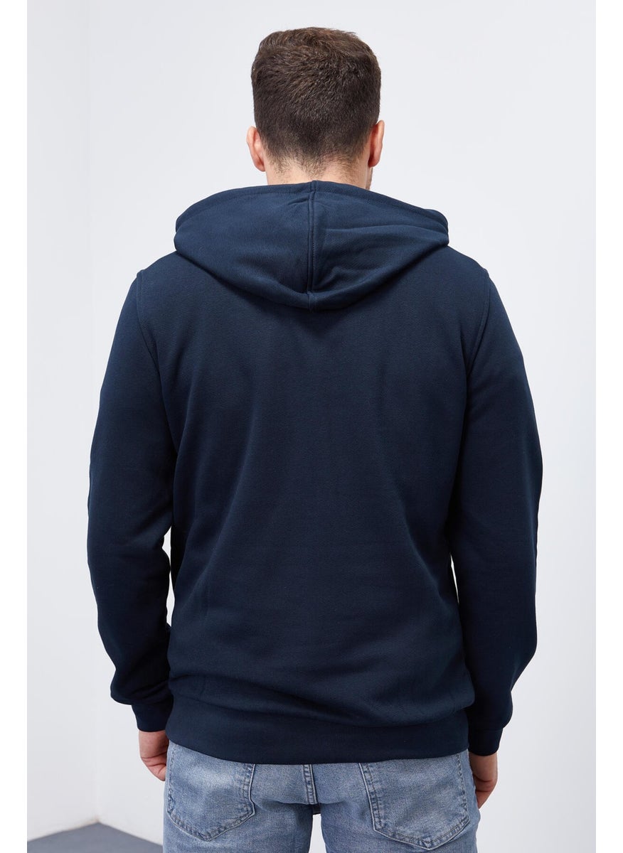 Navy Blue Men's Embroidered Kangaroo Pocket Standard Size Hooded Sweatshirt-87839