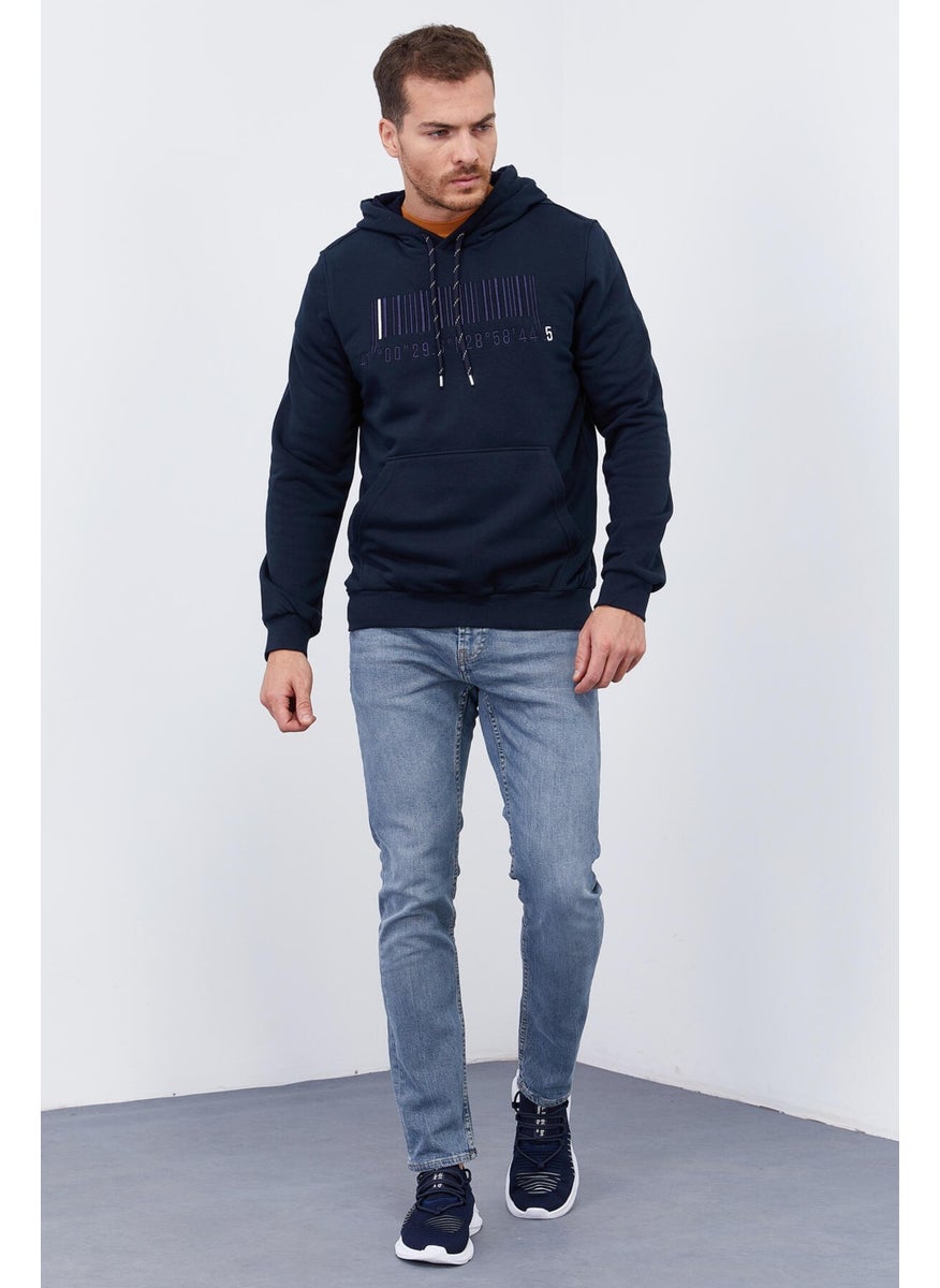 Navy Blue Men's Embroidered Kangaroo Pocket Standard Size Hooded Sweatshirt-87839