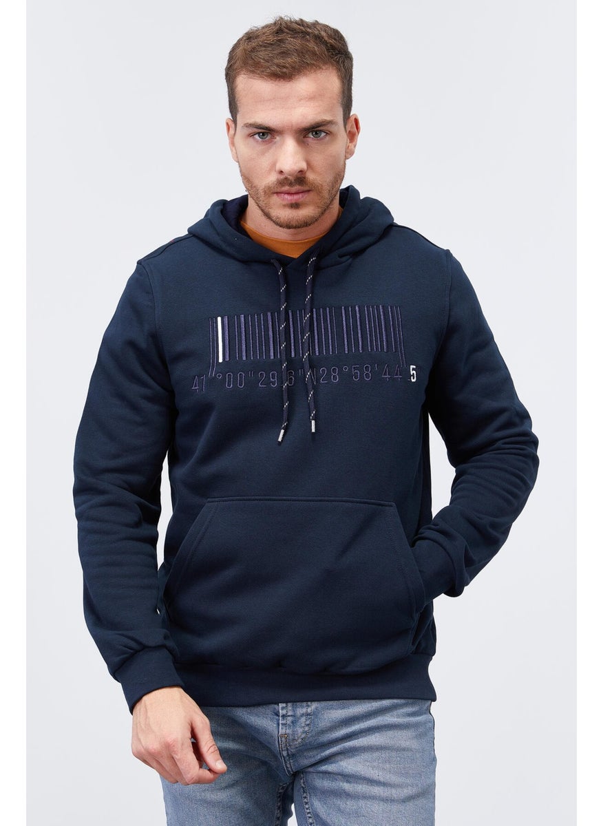 Navy Blue Men's Embroidered Kangaroo Pocket Standard Size Hooded Sweatshirt-87839