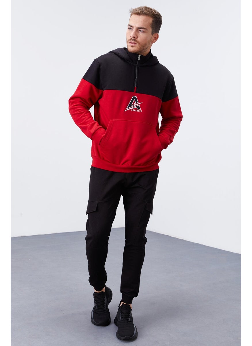 Tommylife Red Men's Embroidered Detailed Half Zipper Hooded Sweatshirt - 88033