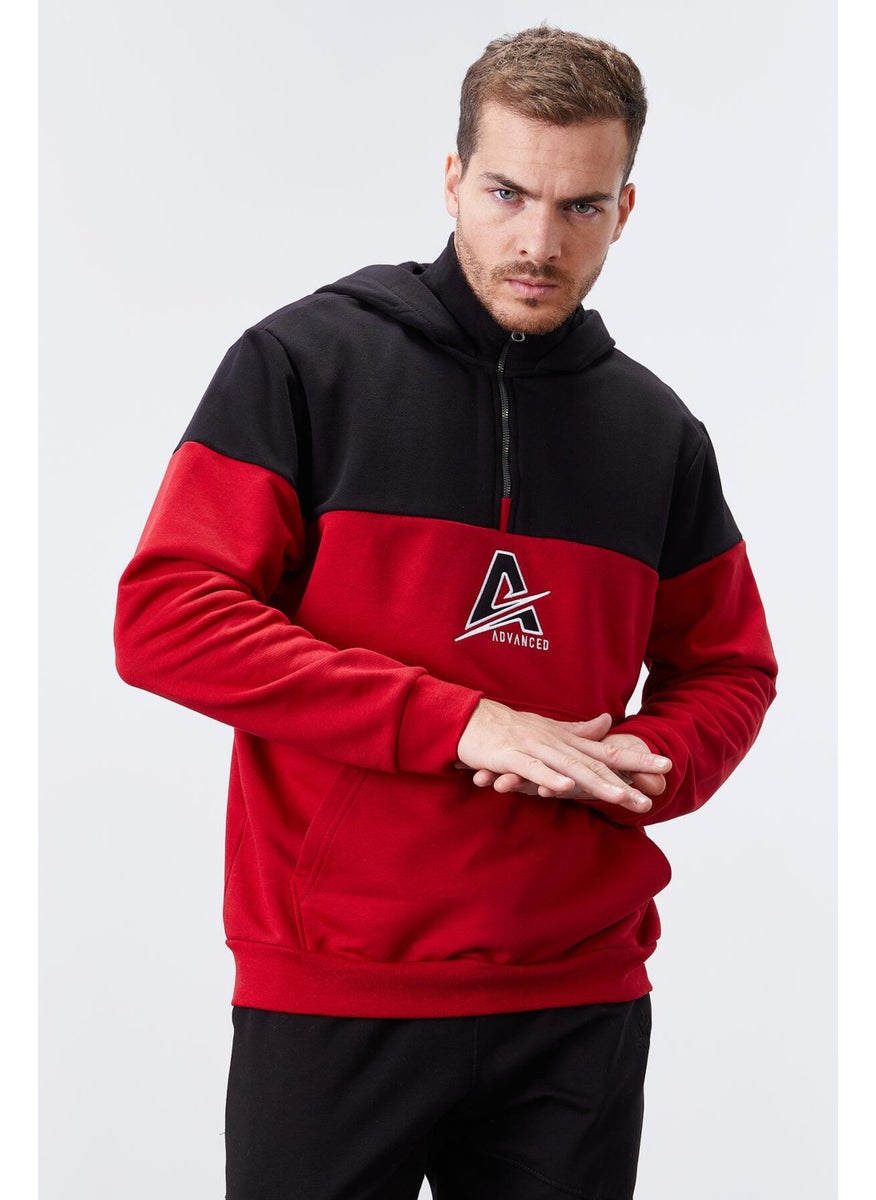 Tommylife Red Men's Embroidered Detailed Half Zipper Hooded Sweatshirt - 88033