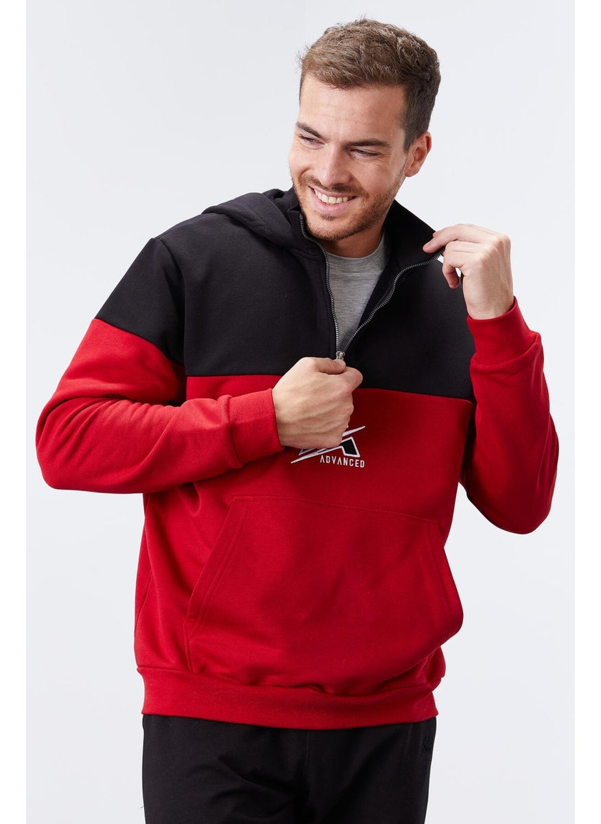 Tommylife Red Men's Embroidered Detailed Half Zipper Hooded Sweatshirt - 88033