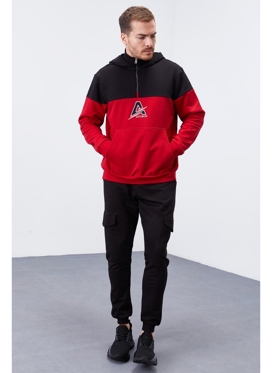 Tommylife Red Men's Embroidered Detailed Half Zipper Hooded Sweatshirt - 88033