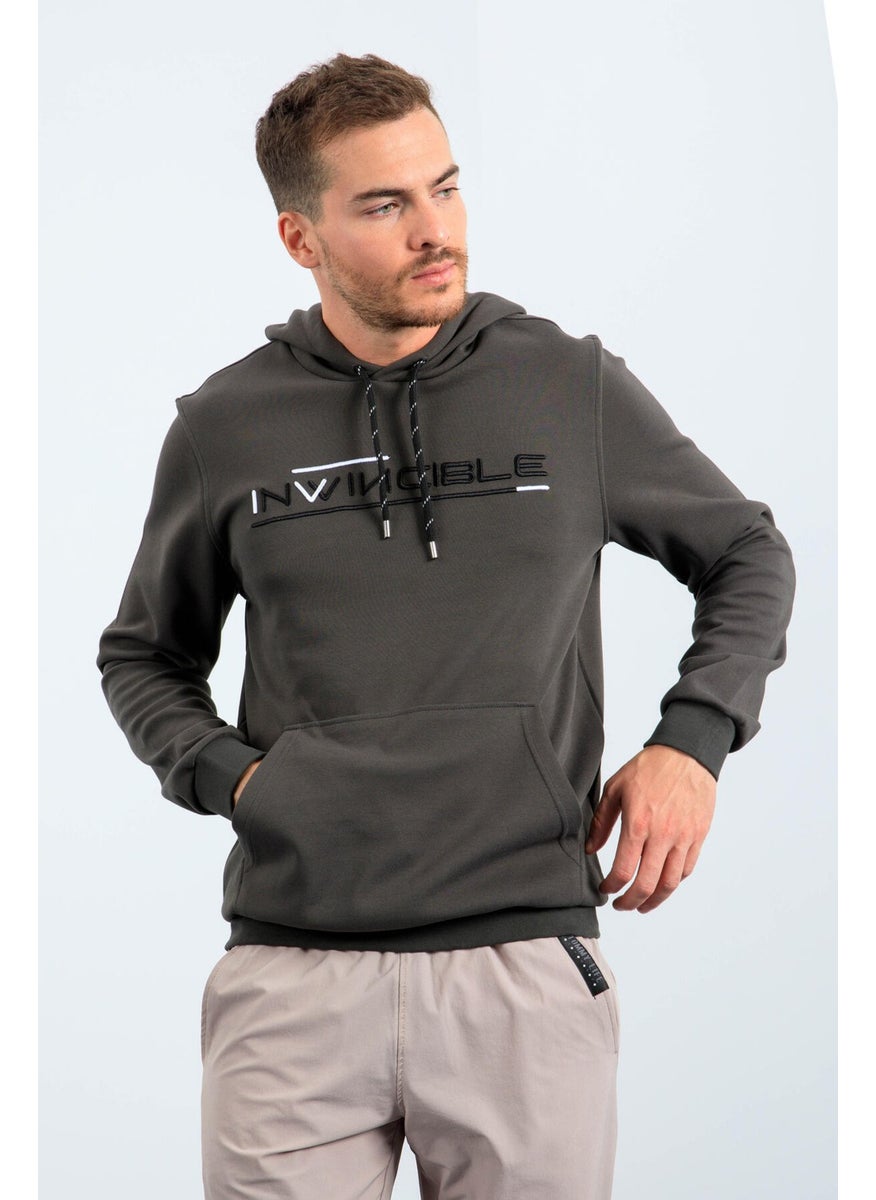 Khaki Men's Kangaroo Pocket Standard Size Hooded Sweatshirt-87883