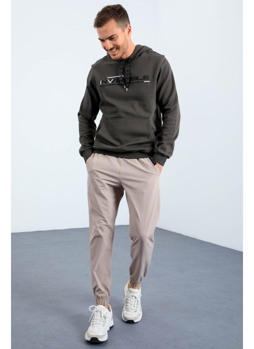 Khaki Men's Kangaroo Pocket Standard Size Hooded Sweatshirt-87883