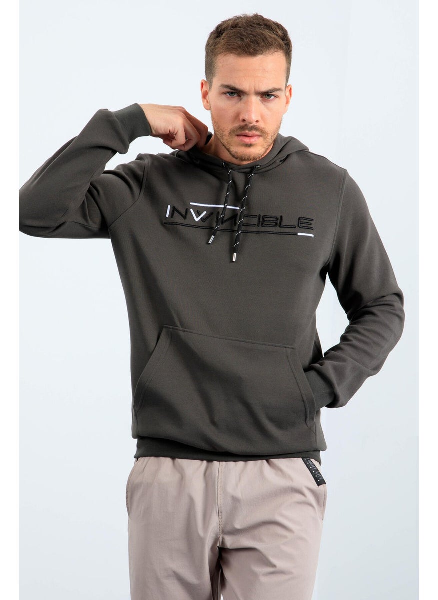 Khaki Men's Kangaroo Pocket Standard Size Hooded Sweatshirt-87883