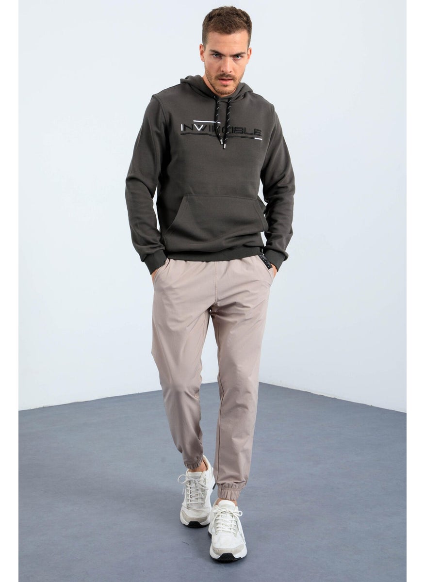 Khaki Men's Kangaroo Pocket Standard Size Hooded Sweatshirt-87883