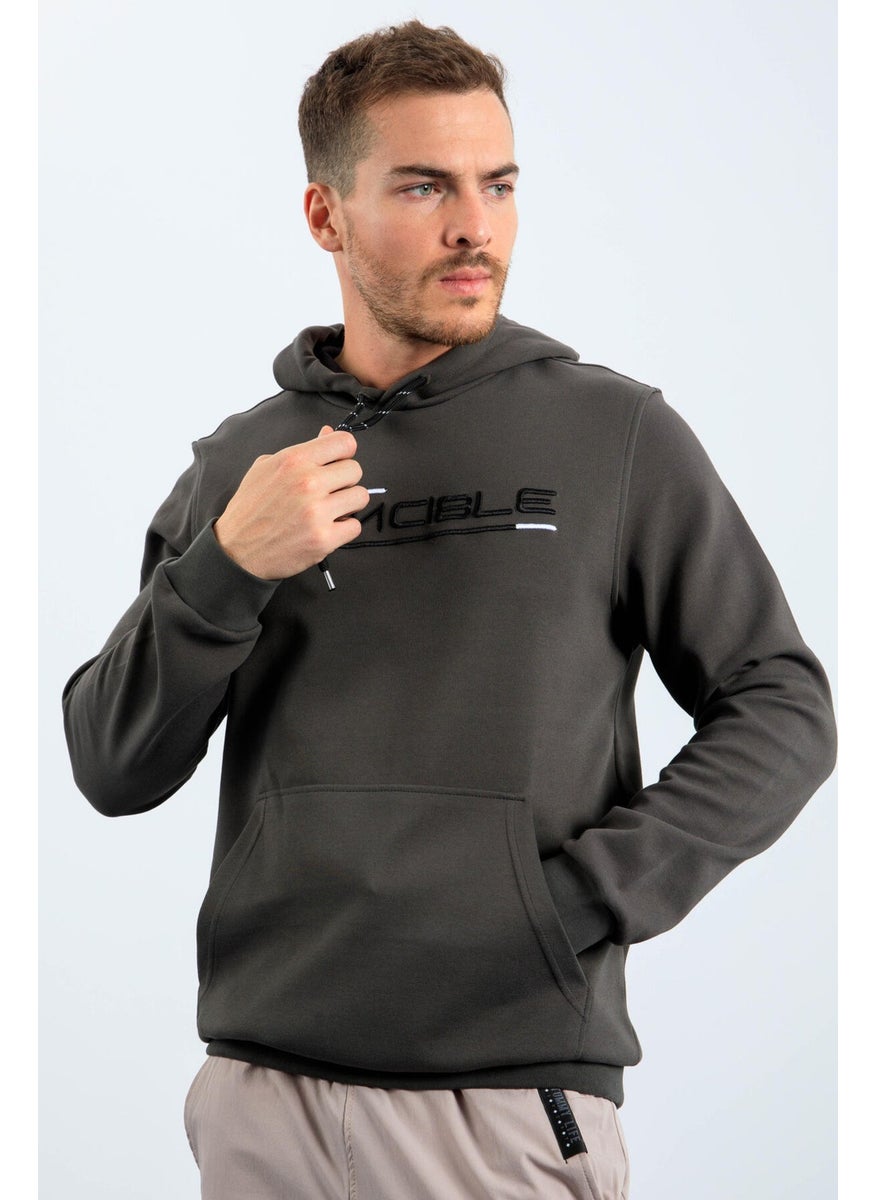 Khaki Men's Kangaroo Pocket Standard Size Hooded Sweatshirt-87883