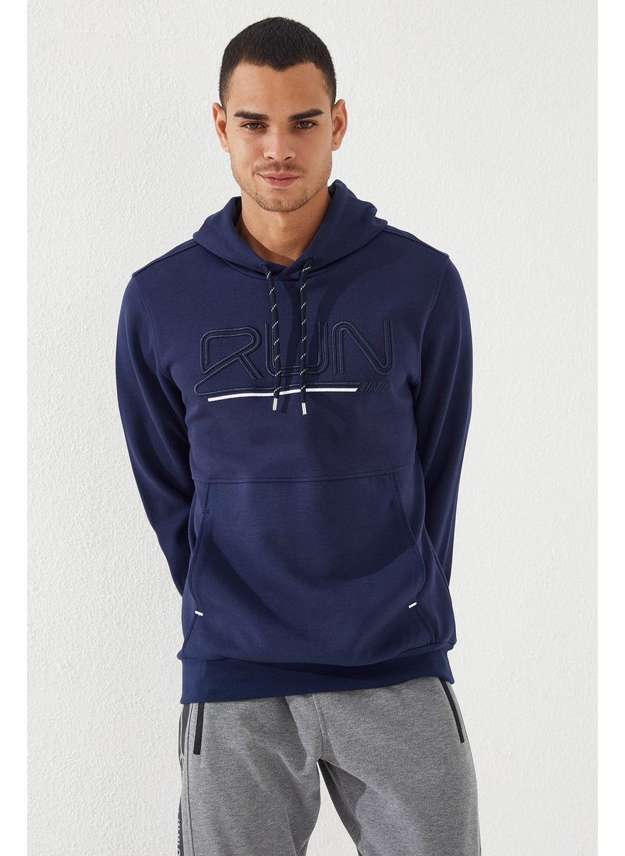 Indigo Men's Text Embroidered Standard Pattern Hooded SWEATSHIRT-87887