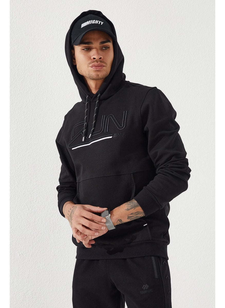 Black Men's Text Embroidered Standard Pattern Hooded SWEATSHIRT-87887