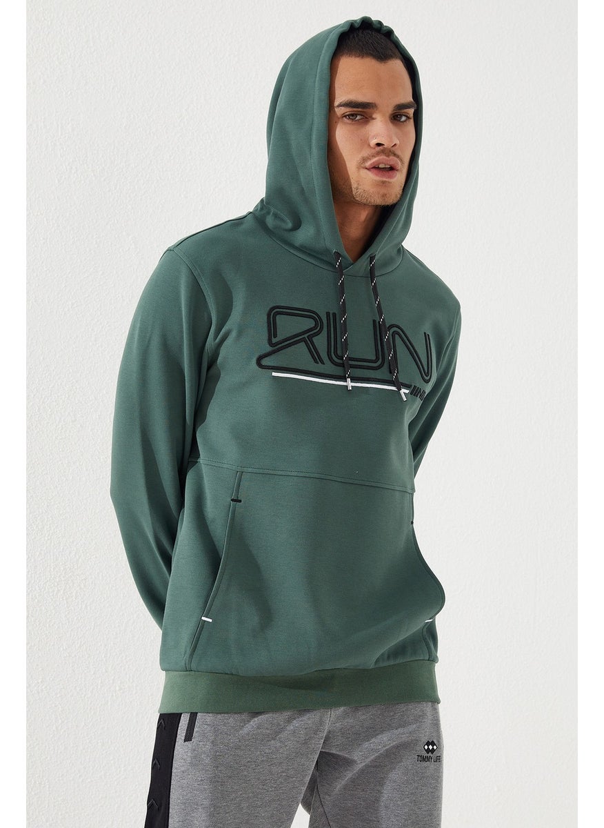 Green Men's Text Embroidered Standard Pattern Hooded SWEATSHIRT-87887